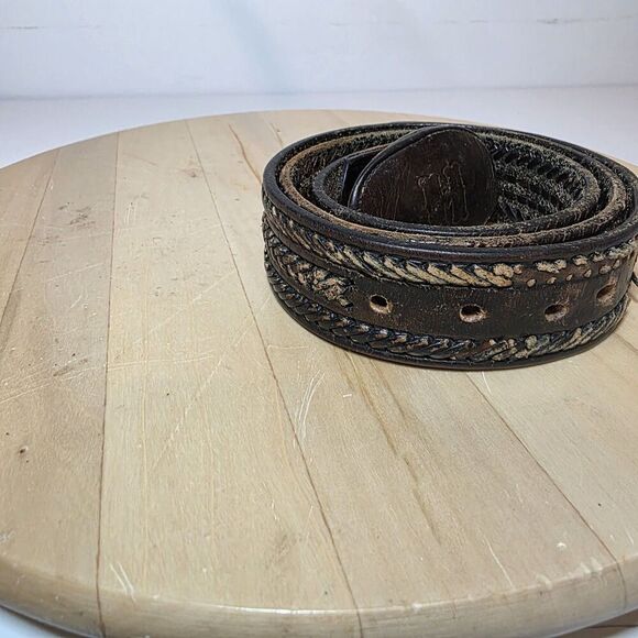 Vintage Distressed Leather Belt & Buckle Oval Shaped Buckle W Letter H Size 38 - Picture 12 of 15